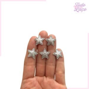 APLIQUE MINI ESTRELA PRATA C/ GLITTER (5 UNIDADES)