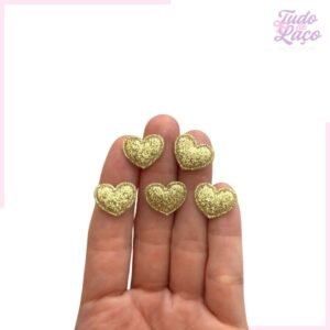 APLIQUE MINI CORAÇÃO DOURADO C/ GLITTER (5 UNIDADES)