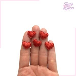 APLIQUE MINI CORAÇÃO VERMELHO C/ GLITTER (5 UNIDADES)